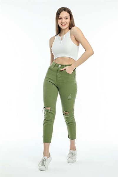 diaves Kadın Düz Renk Düğme Kapama Yırtıklı Mom Jean