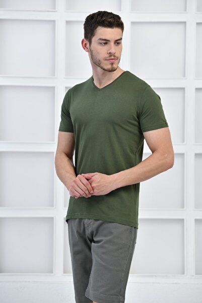 Haki Erkek V Yaka Full Likralı Silim Fit Basıc T-shirt F51565