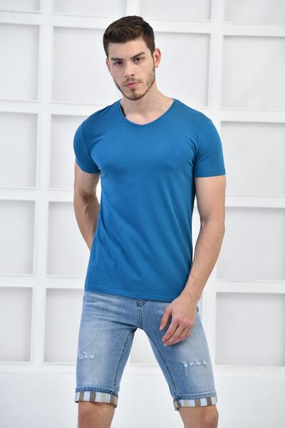 FBI Petrol Men's V-Neck Basic Lycra Slim Fit T-shirt F5173