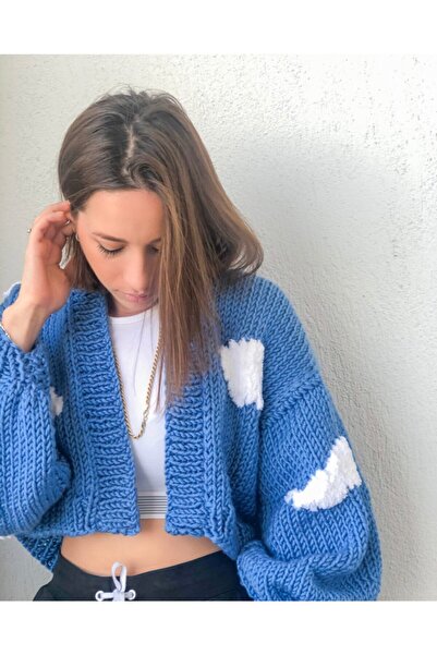 ORGANICMIRA Kadın Bulut Desenli, Bulutlu Oversize Örgü Ceket, Hırka