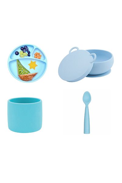 OiOi Blue Nutrition Set - Plate, Bowl, Glass and Spoon