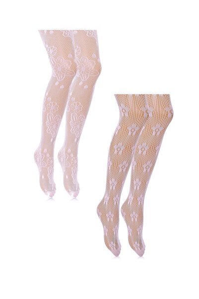 UNLIMITED LEGWEAR 2li Çiçek Desenli Pembe Dantel File Çocuk Külotlu Çorap