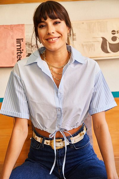 Olalook Γυναικείο Baby Blue Line Blocked Six Gathered Poplin Shirt GML-19000834