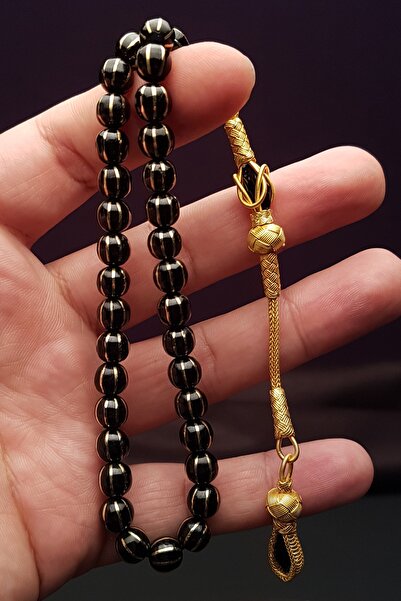 OTTOTESBİH 24k Altın Kaplama Gümüş Püsküllü Işlemeli Oltu Tesbih