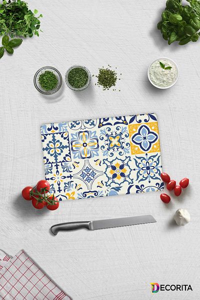 Decorita Blue Tile Pattern |   Glass Cutting Board - Glass Cutting Board |   20cm X 30cm