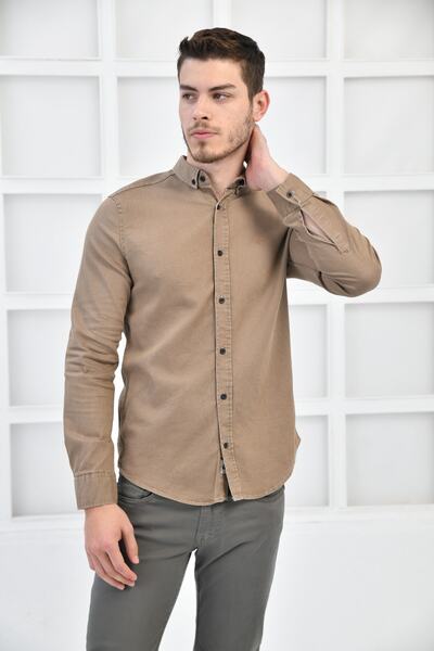 FBI Bej Erkek Gabardin Slim Fit Düğmeli Yaka Gömlek F6204