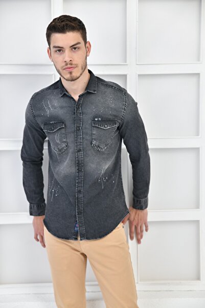 FBI Antrasit Erkek Denim Yıkamalı Taşlamalı Cepli Slim Fit Gömlek F6155