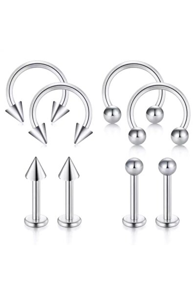 Jaida Moda 316l Çelik Gümüş Renk 8li Set Septum Ve Tragus Helix Piercing