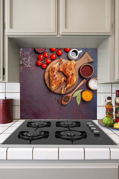 Tilki Dünyası Delicious Fried Spicy Chicken And Vegetables Sticker Behind Kitchen Stove