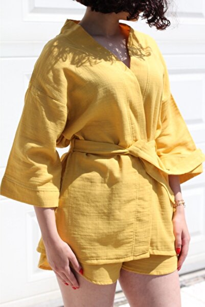 Botex Women's Yellow Muslin Shorts & Kimono Set
