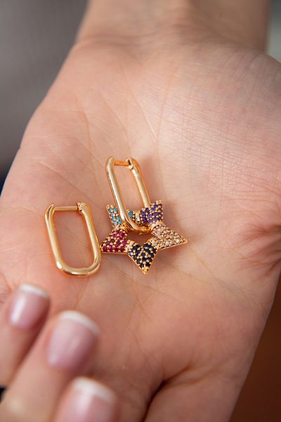 Elika Silver Women's Colorful Jewelled Star Model Earrings