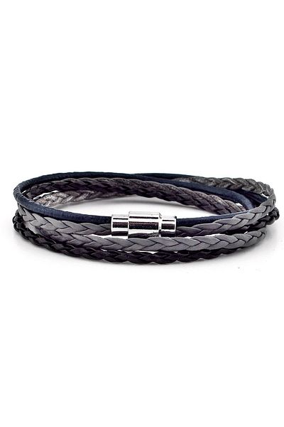 Solfera Gray Black Navy Blue Three Rows Double Wrap Leather Men's Bracelet M010b