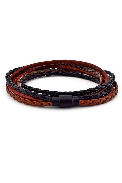 Solfera Brown Tan Black Three Rows Double Wrap Leather Men's Bracelet M010a