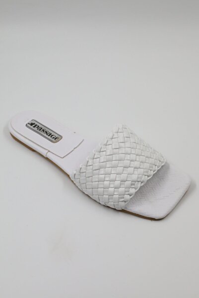 PASSAGE SHOES 6068 Білі шкіряні тапочки з плетеною стрічкою