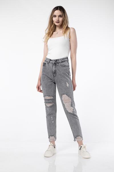 BOSHETTI Kadın Light Gri Distressed Yüksek Bel Mom Jean