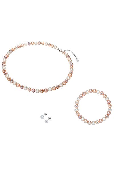 Lulu & Jane Perlenset Set (Armband+Kette+Ohrstecker) Sterling Silber Süßwasser-Zuchtperle multicolor