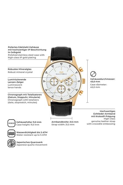 Rhodenwald & Söhne Kronograf Herren Kronograf gelbgold Echtleder schwarz
