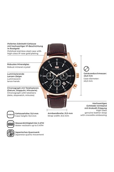 Rhodenwald & Söhne Chronograph Herren Chronograph roségold Echtleder dunkelbraun
