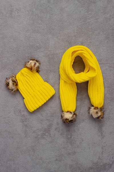 ADA BEBEK ÇOCUK Double Pompom Scarf Beret Set