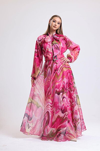 GÜLSEN SARIÇAM Çiçek Desenli Şifon Abiye