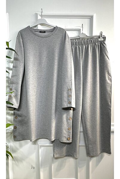 Aşkı Endam Σετ με χτενισμένο βαμβακερό ύφασμα με δύο κλωστές με λεπτομέρεια με κουμπιά Helen - Γκρι