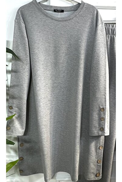 Aşkı Endam Σετ με χτενισμένο βαμβακερό ύφασμα με δύο κλωστές με λεπτομέρεια με κουμπιά Helen - Γκρι