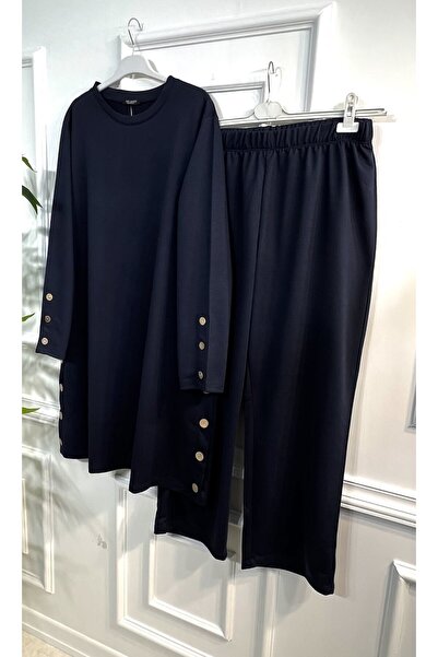 Aşkı Endam Costum din bumbac pieptănat cu două fire, cu detaliu cu nasturi Helen, mărime mare - bleumarin