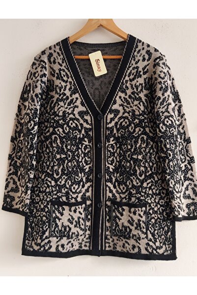 SİNAY TRİKO Kadın Leopar Desenli Cepli Düğmeli Triko Akrilik Anne Hırkası