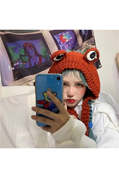 TRENDİN YOLU Kiremit Renkli Kurbağa Şapka Tarz Kore Model Uzun Bere El Yapımı