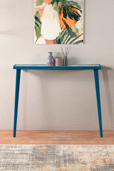 Resmo Esperanza Dresuar Mavi 92x20CM Doğal Masif Ayaklı Raf Salon Mutfak Antre Hol Koridor