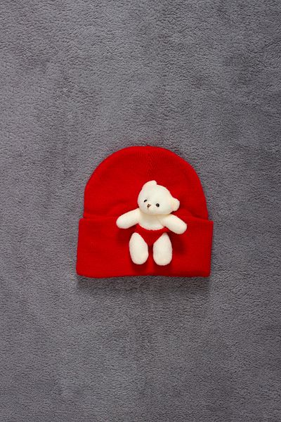ADABEBEK Knitwear Kids Beanie with Teddy Bear Accessory