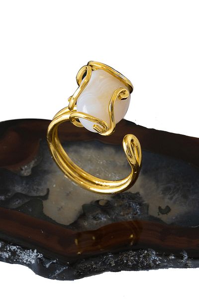 Tesbih Atölyesi Certified Rococo Model White Agate Stone Ring - Adjustable