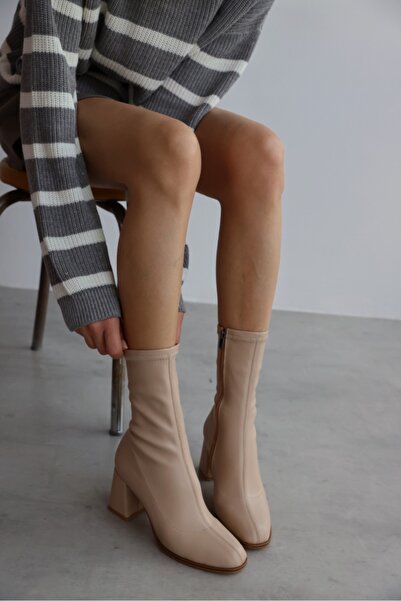 selin shoes Pensa Kısa Topuklu Streç Bot- BEJ