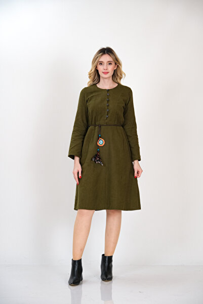 İna Düz Pazen'den Önü Düğmeli Haki Kışlık Elbise