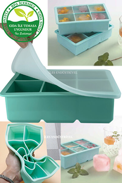Eysigo Silikon Büyük Boy 6'lı Küp Buz Kalıbı, Kapaklı, Yeşil