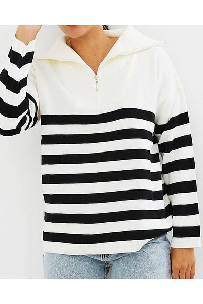 My love butik Pulover Line Zip Alb-negru