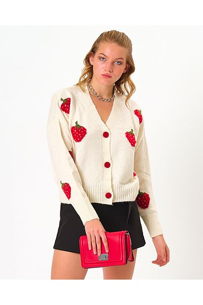 Bisou Women's Ecru Strawberry Cardigan