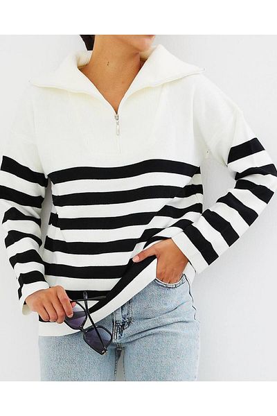 My love butik Pulover Line Zip Alb-negru