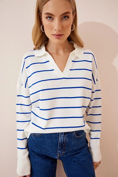 BEŞİR GİYİM Women's Dark Blue-ecru Striped Polo Neck Knitwear Sweater