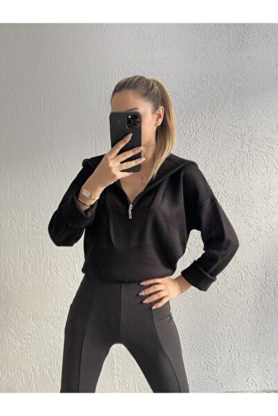 My love butik Zip Detay Triko Kazak Siyah