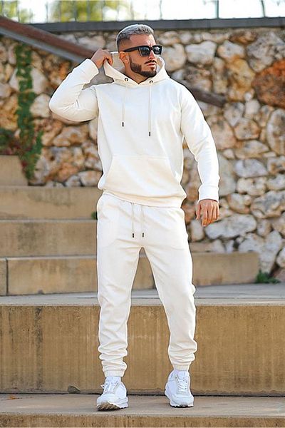 Shine Stone White Unisex Hooded Bottom Top Tracksuit Set