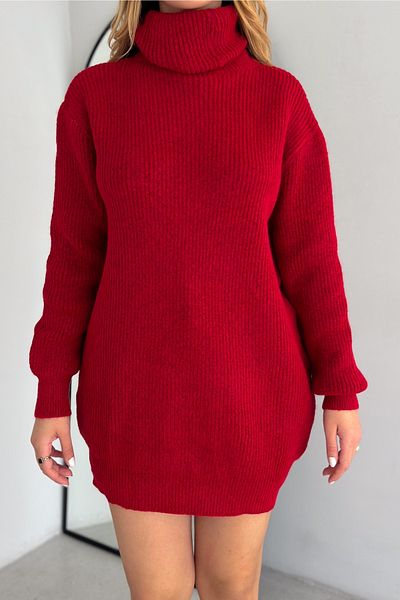 FEMELLE Women's Claret Red Standard Size Turtleneck Fisherman Basic Loose Knitwear Tunic Sweater