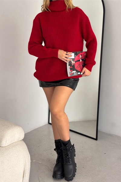 FEMELLE Women's Claret Red Standard Size Turtleneck Fisherman Basic Loose Knitwear Tunic Sweater