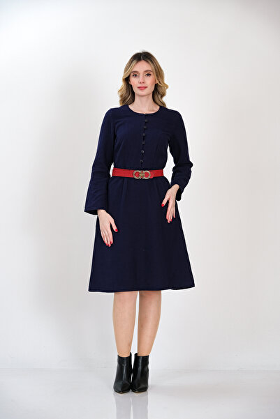 İna Düz Pazen'den Önü Düğmeli Lacivert Kışlık Elbise