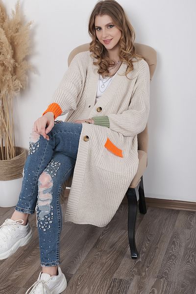 AVORWE Thessaloniki Long Knitwear Cardigan with Knitted Sleeves and Pocket Mouths Color Detail