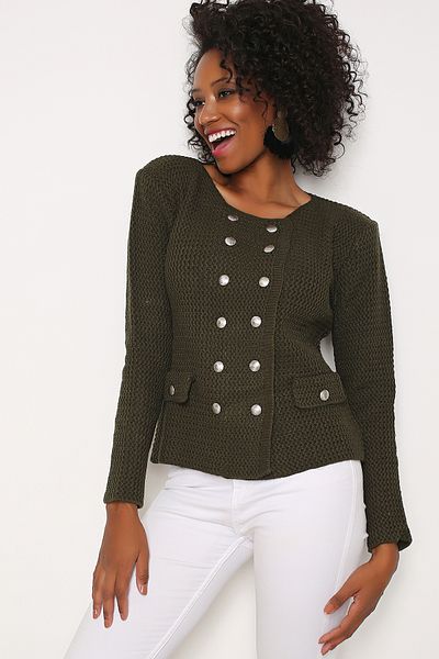 AVORWE Zigzag Knitted Short Jacket Knitwear Cardigan with Metal Button Accessories