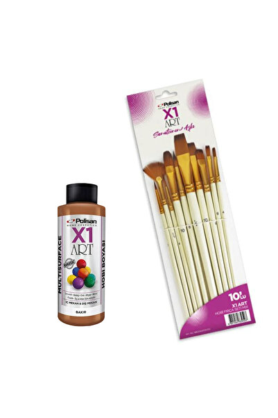 Polisan X1 Art Yaldızlı Akrilik Hobi Boyası 120ml Bakır X1 Art 10'lu Hobi Fırça Seti Mix