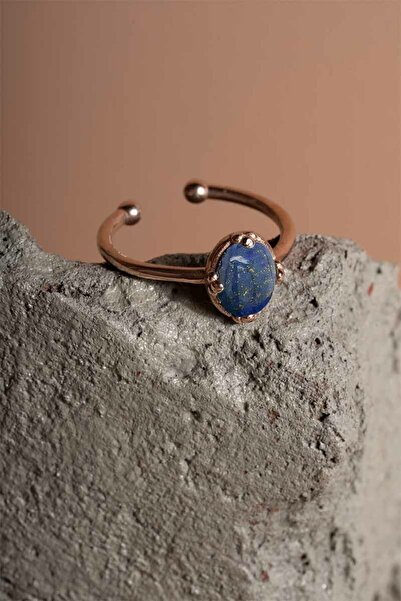 Takıdepo Lapis Lazuli Taşlı Minimal Gümüş Ayarlanabilir Kadın Yüzük-rose Rengi