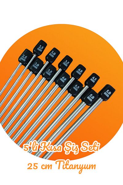 Masal Örgü Evi Sultan/pitchfork Set of 6 Short Titanium Knitting Needles 25 Cm, Number 2,5-3-3,5-4-4,5 and 5