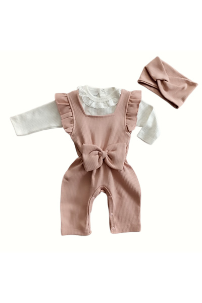 minicayzen Baby Girl Salopet Set-Collar Lace Bodysuit, Ribbed Bottom Snap-On Salopet and Headband Set